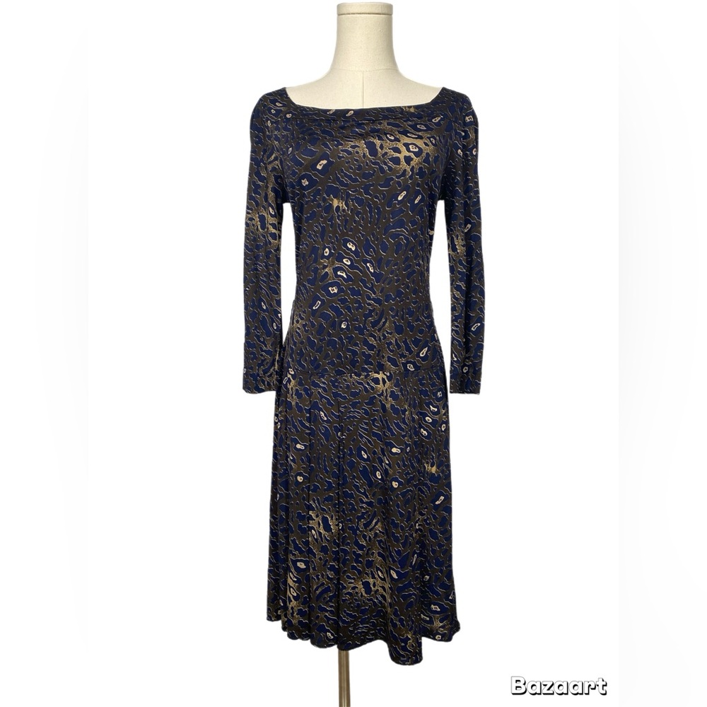 Tory Burch Navy Leopard Patterned Long Sleeve Dress with drop waist size Small